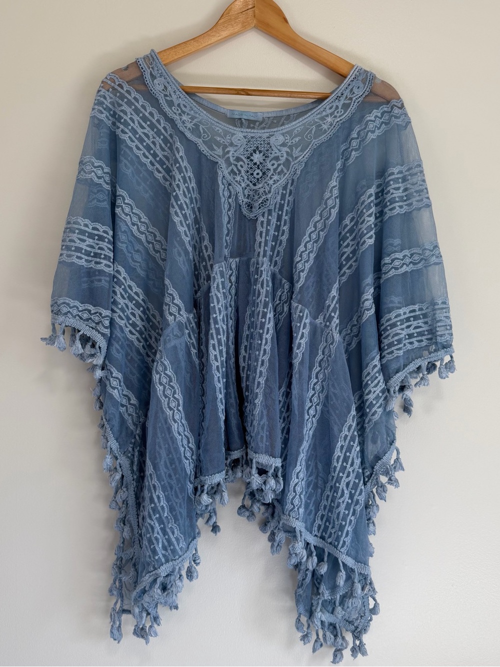 Made in Italy Blue Embroidered Lace Poncho Top Tassel Trim L/XL